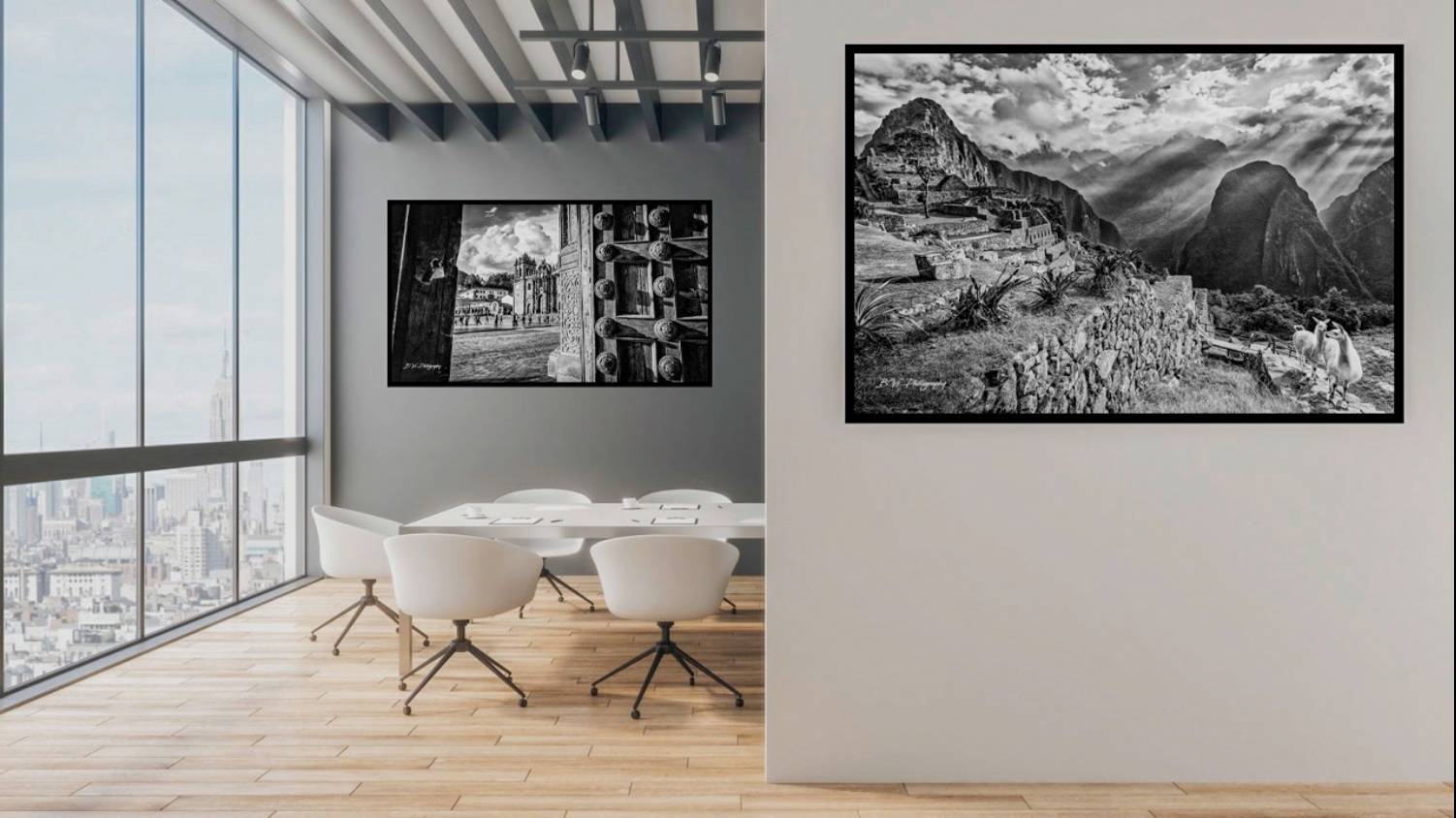 Fine art black and white photographs in a professional interior